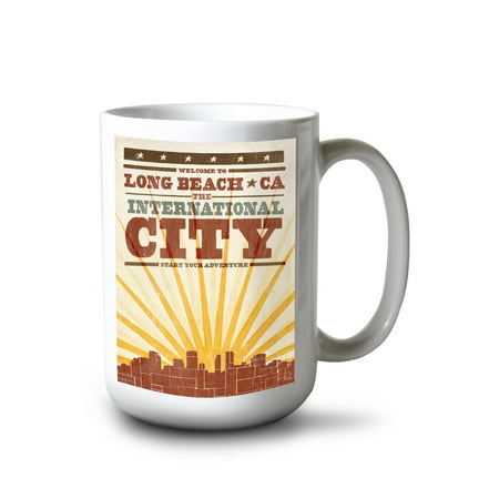 

15 fl oz Ceramic Mug Long Beach California Skyline and Sunburst Screenprint Style Dishwasher & Microwave Safe