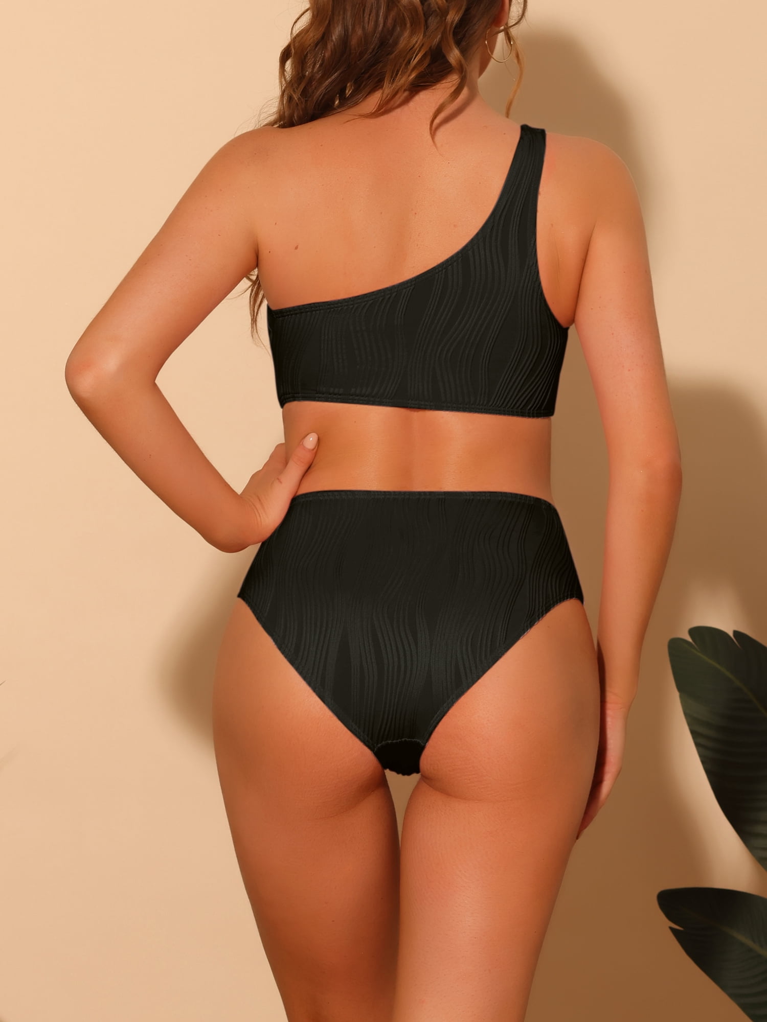 DARING DIVA Asymmetric Waist Cutout Ribbed Bathing Suit M Black