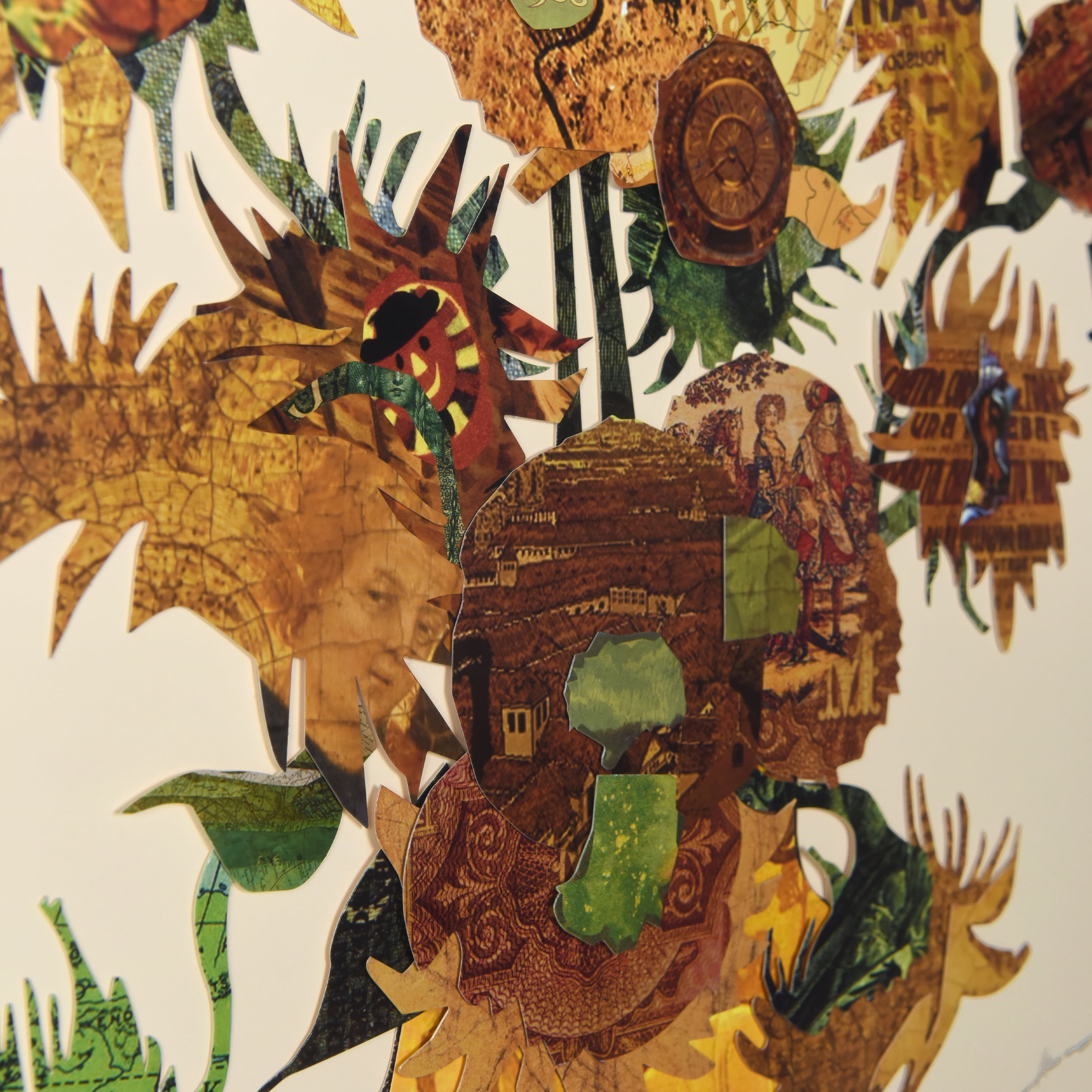 "Sunflower Embrace"Alex Zeng’s dimensional collage, under glass & a black shadow box frame