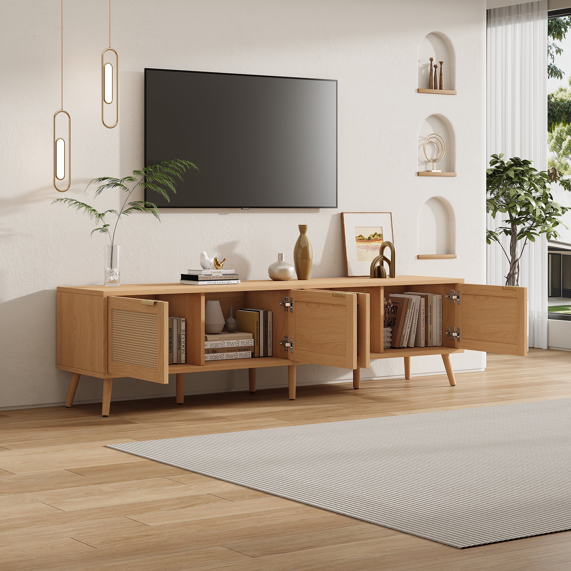 TrumanPick 70" Rattan TV Stand for TVs up to 80", Natural Wood Media Console with Cane Doors & Storage, Mid-Century Modern Entertainment Center for Living Room