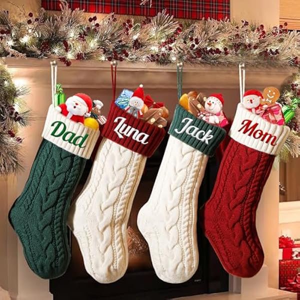 wonima02 1Pc Christmas Stocking Personalized, Custom Embroidered Name Christmas Stocking for Kids, 18 Inches Large Knitted Hanging Family Xmas Stocking