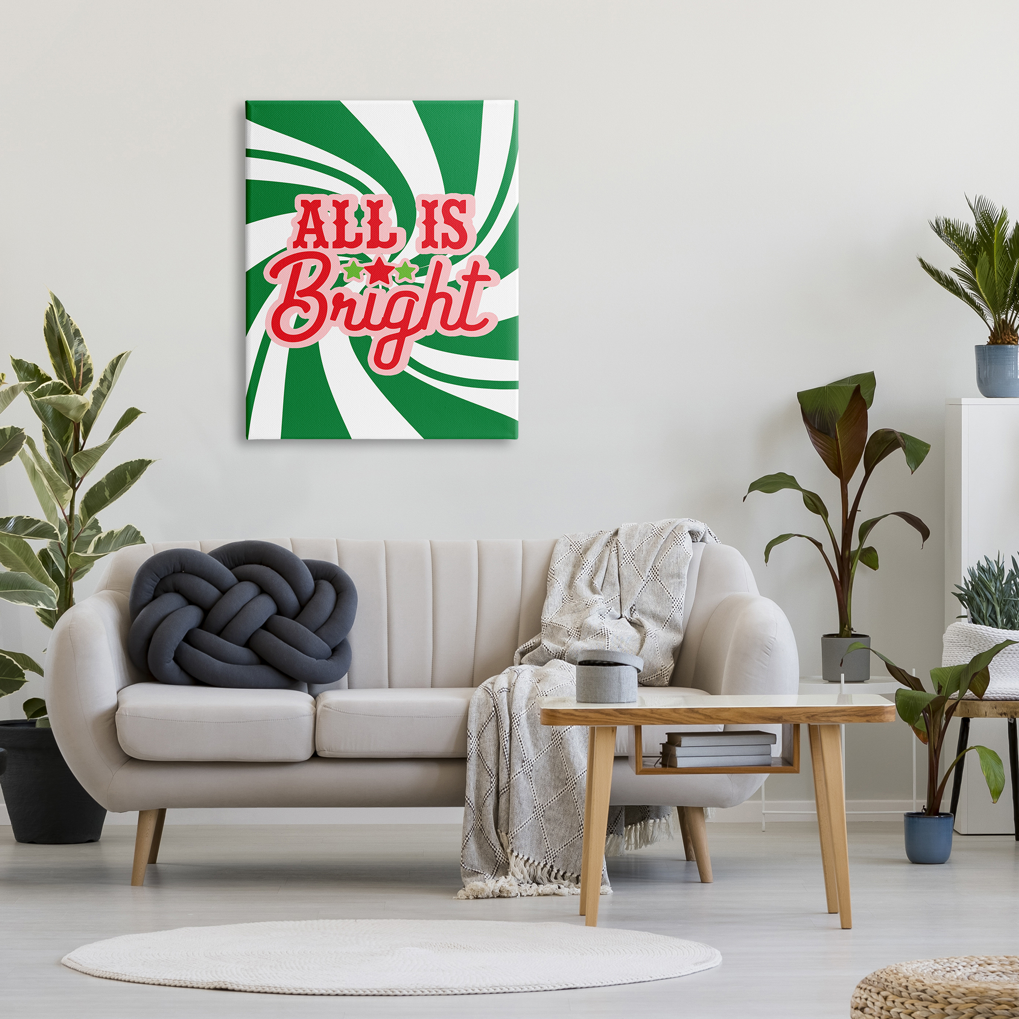 Stupell Industries All's Bright Bold Holiday Typography Green Peppermint Spiral Inspirational Painting Gallery Wrapped Canvas Print Wall Art, 30 x 40