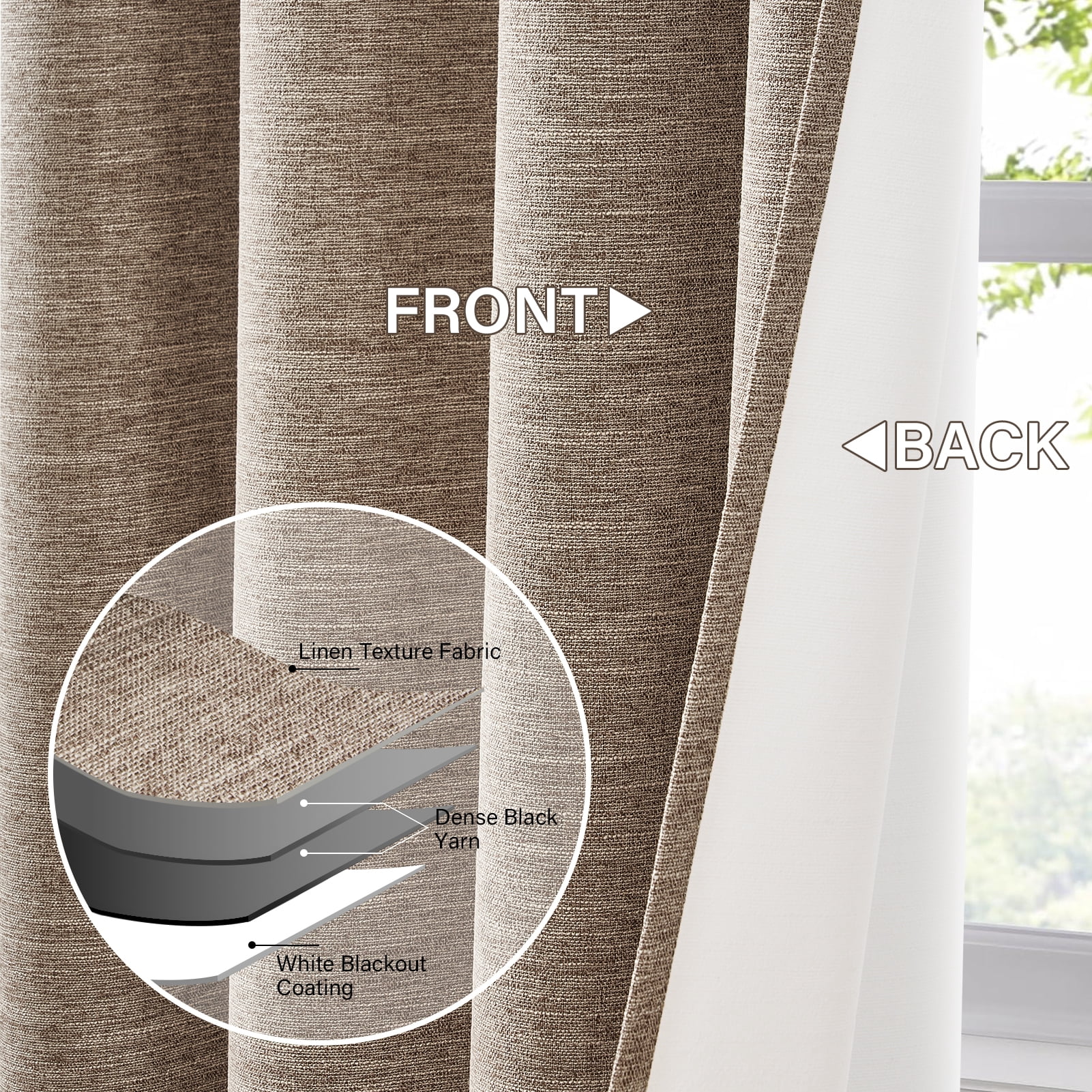 Top Finel Grommet Top Blackout Curtains, Dark Flax, 52" x 90", 2 Panels