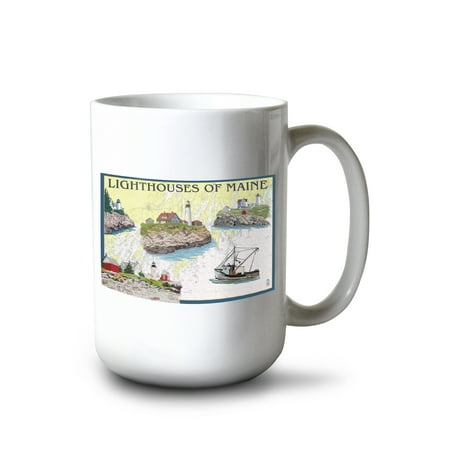 

15 fl oz Ceramic Mug Lighthouses of Maine Nautical Chart Dishwasher & Microwave Safe