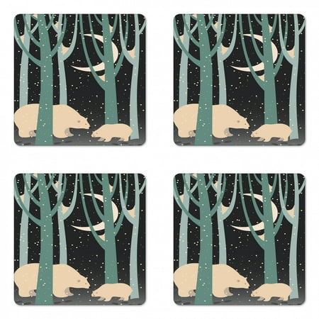 

Nursery Coaster Set of 4 Mother Polar Bear and Cub in Forest Winter Season Snowy Weather Square Hardboard Gloss Coasters Standard Size Dark Taupe Pale Green by Ambesonne