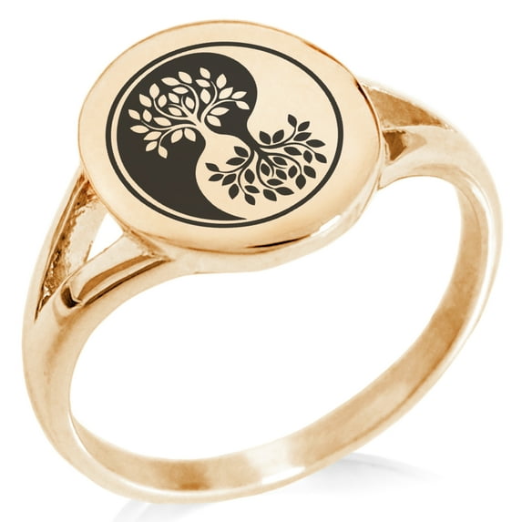 Stainless Steel Tree of Life Yin Yang Minimalist Oval Top Polished Statement Signet Ring