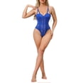 thumbnail image 2 of INSPIRE CHIC Women's Mesh Lace Bodysuit Sheer Underwired Bustier Corset Tops Shapewear with Double Straps High Waisted Thongs Leotard XS Royal Blue, 2 of 5