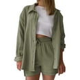 thumbnail image 2 of Short Sets for Women Long Sleeve Button Down Collared Shirt and High Waisted Shorts 2 Piece Matching Set Beach Vacation Set, 2 of 5