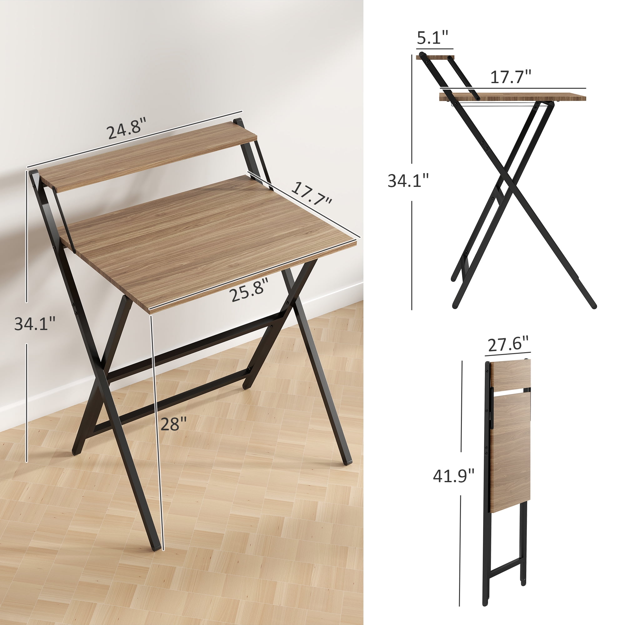 HOMCOM Small Folding Desk, 27.6" Foldable Computer Desk with Monitor Shelf, Writing Table for Small Spaces, Home Office, Study, Easy Assembly, Walnut