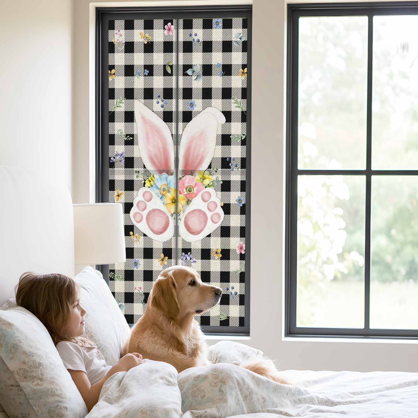 Easter Rabbit Window Privacy Film, Spring Bunny Ears Foot Floral Black White Plaid Frosted Glass Window Clings Static Cling UV Heat Blocking Reusable Door Sticker for Bathroom 23.6 x 59 Inch