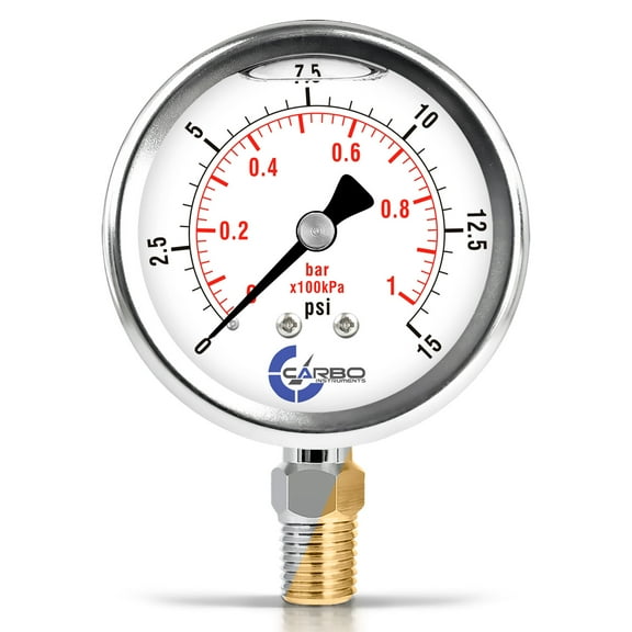 CARBO Instruments 2 1-2" Pressure Gauge, Stainless Steel Case, Chrome Plated Brass Connection, Lqiuid Filled, 0-15 psi/kPa, Lower Mount 1/4" NPT