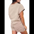 thumbnail image 3 of Conjunto de Pijama de 2 Piezas para Mujer, Color Liso, Cuello Redondo, Informal, de Tela Texturizada, Corta, Caqui, Talla M, 3 of 7