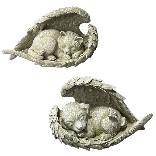 Juego de estatuas de ángel, gato y perro, adornos de resina para jardín, gato durmiente, 2 piezas (1 gato, 1 perro)