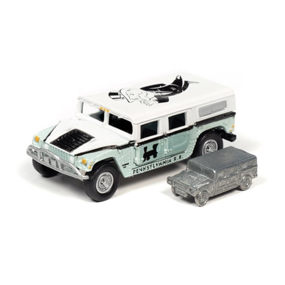 2004 Hummer H1 with Token Monopoly 85th Anniversary, White and Turquoise - Johnny Lightning JLSP094/24 - 1/64 scale Diecast Model Toy Car