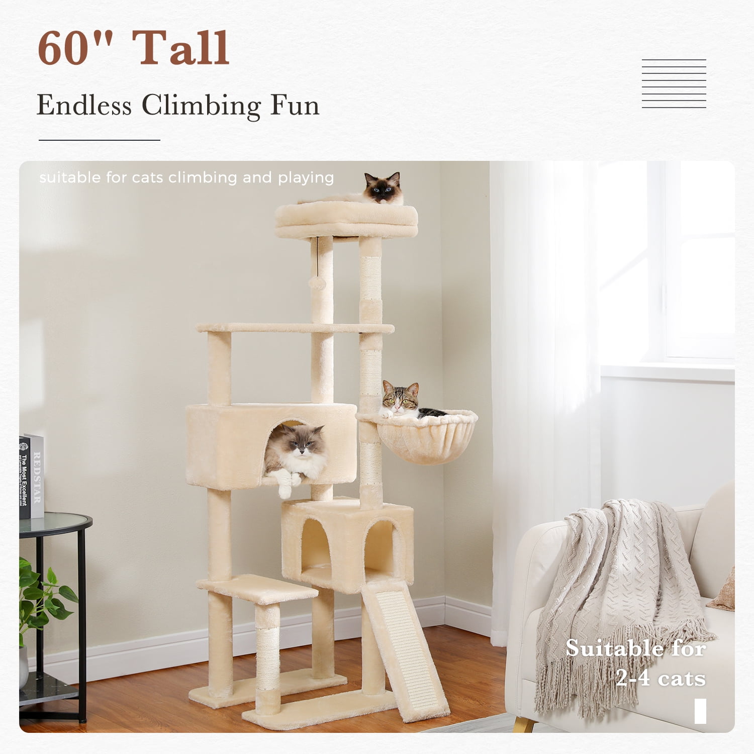 Pefilos 60" Cat Tree Tower for Indoor Cats, Cute Sisal Rope Cat Condo for Adult Cats Plush Cat Climb Tree, Beige Pefilos 60" Cat Tree Tower for Indoor Cats, Cute Sisal Rope Cat Condo for Adult Cats Plush Cat Climb Tree, Beige