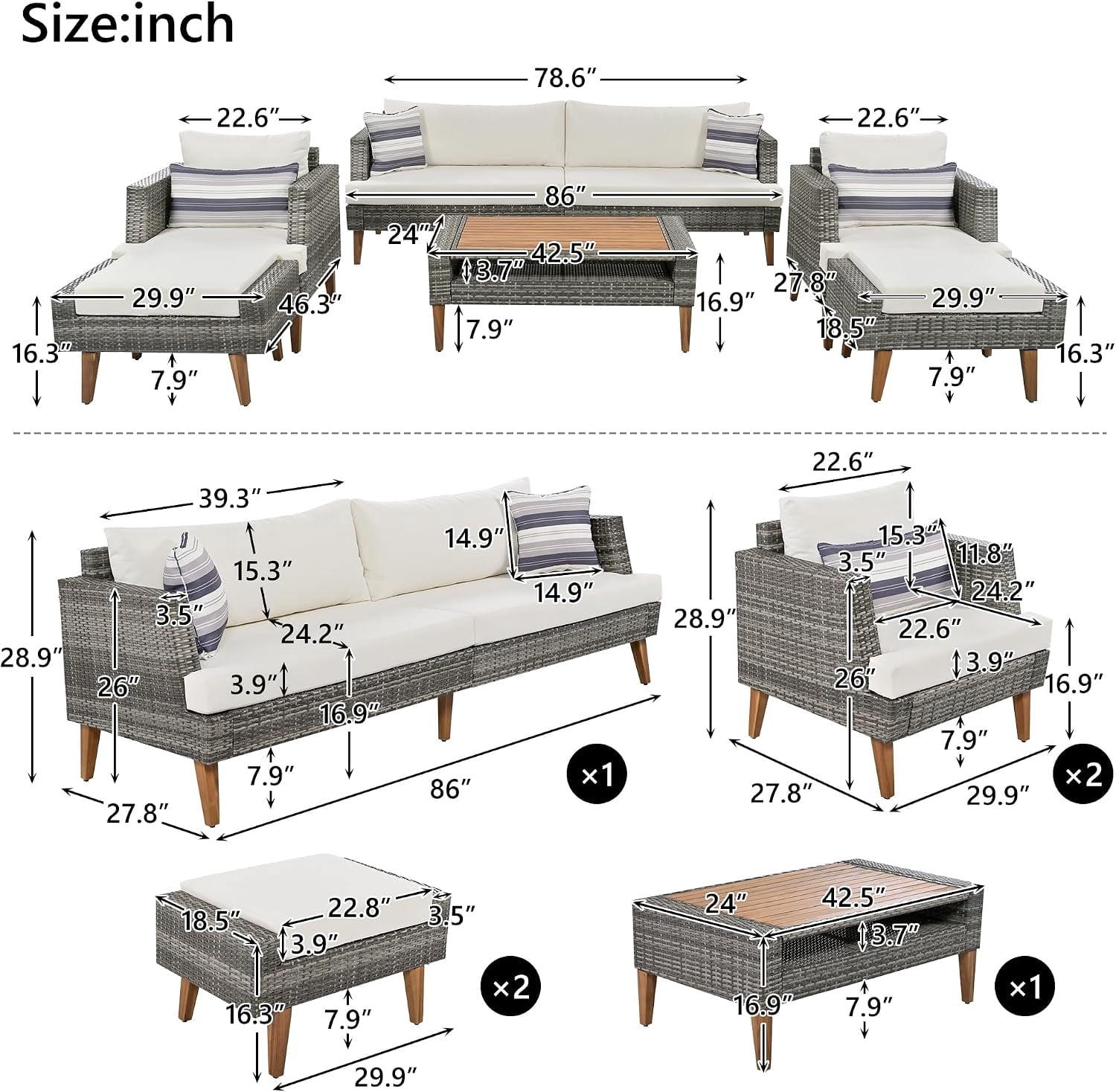 6-Piece All Weather PE Wicker Patio Sofa Set, Outdoor Rattan Seating with Double Cushions, Wood Table Top & Legs, Beige & Gray