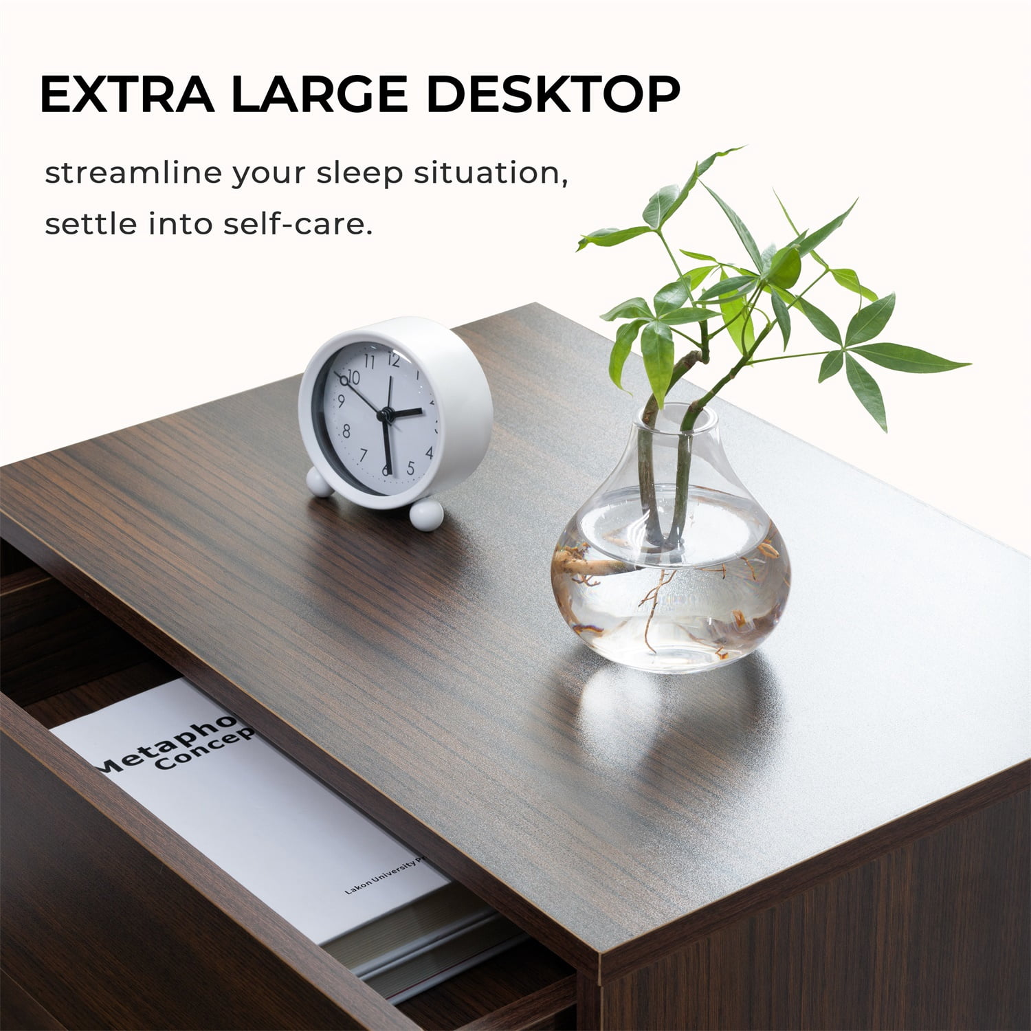 Hommoo 3 Drawer Dresser LED Nightstands, End Table Bedside Tables for Bedroom, Living Room, Walnut