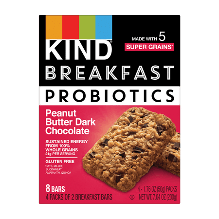 KIND Bars, Peanut Butter Dark Chocolate Probiotic Breakfast Bar, Gluten free, 1.76 oz, 4 Snack Bars