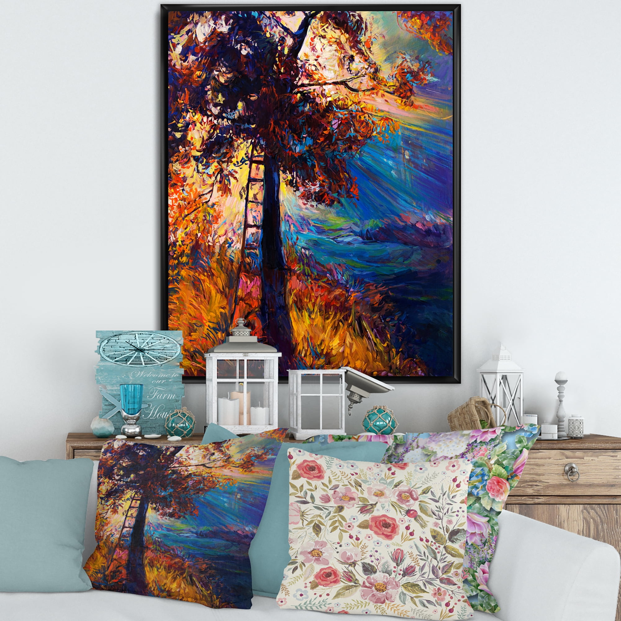 Silhouette Of Autumn Tree In The Sunset Glow 16 in x 32 in Framed Painting Canvas Art Print, by Designart