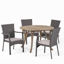 GDF Studio Julian Outdoor Acacia Wood and Wicker 5 Piece Dining Set with Cushions, Gray