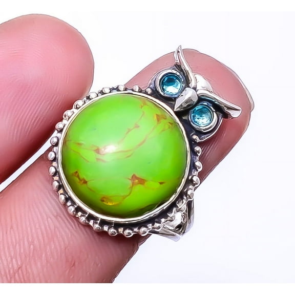 Copper Green Turquoise & Blue Topaz 925 Sterling Silver Owl Ring S.8 R_8068_66_3, Beautiful Jewelry For Woman, New Year Sale, Valentin's Day Gift