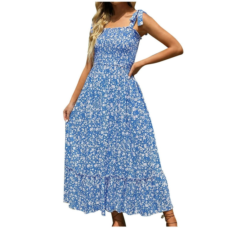 Summer Womens Casual Floral Sexy Bandeau Dresses Strapless Elastic Pleated  Boho Maxi Dress Beach Party Sundresses, Blue, Large : : Clothing,  Shoes & Accessories