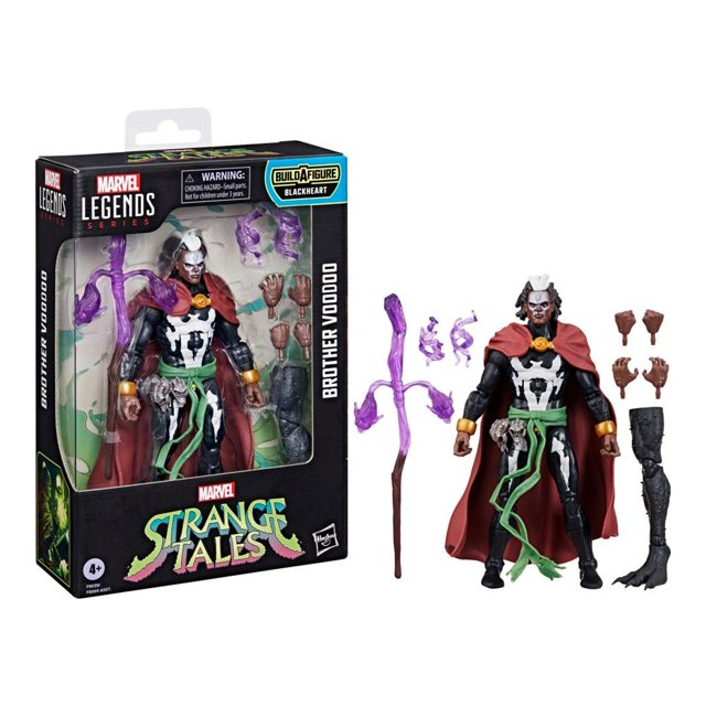 Figura de Acción Hasbro Marvel Marvel Legends Brother Vodoo de 6 pulgadas en color negro con capa roja y detalles verdes, incluye 5 accesorios como manos alternativas, efectos de poder morados y una pierna adicional para armar la figura Blackheart, inspirada en los cómics de Marvel. Esta figura coleccionable es ideal para exhibir en colecciones de figuras premium de Marvel.