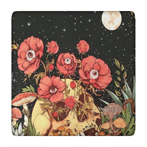 Black Gothic Skull Flower Pattern Square Fitted Tablecloth with Elastic Edge,Square Table Cover,Washable Elastic Table Cover for Home Kitchen Party Decor 34"x34"
