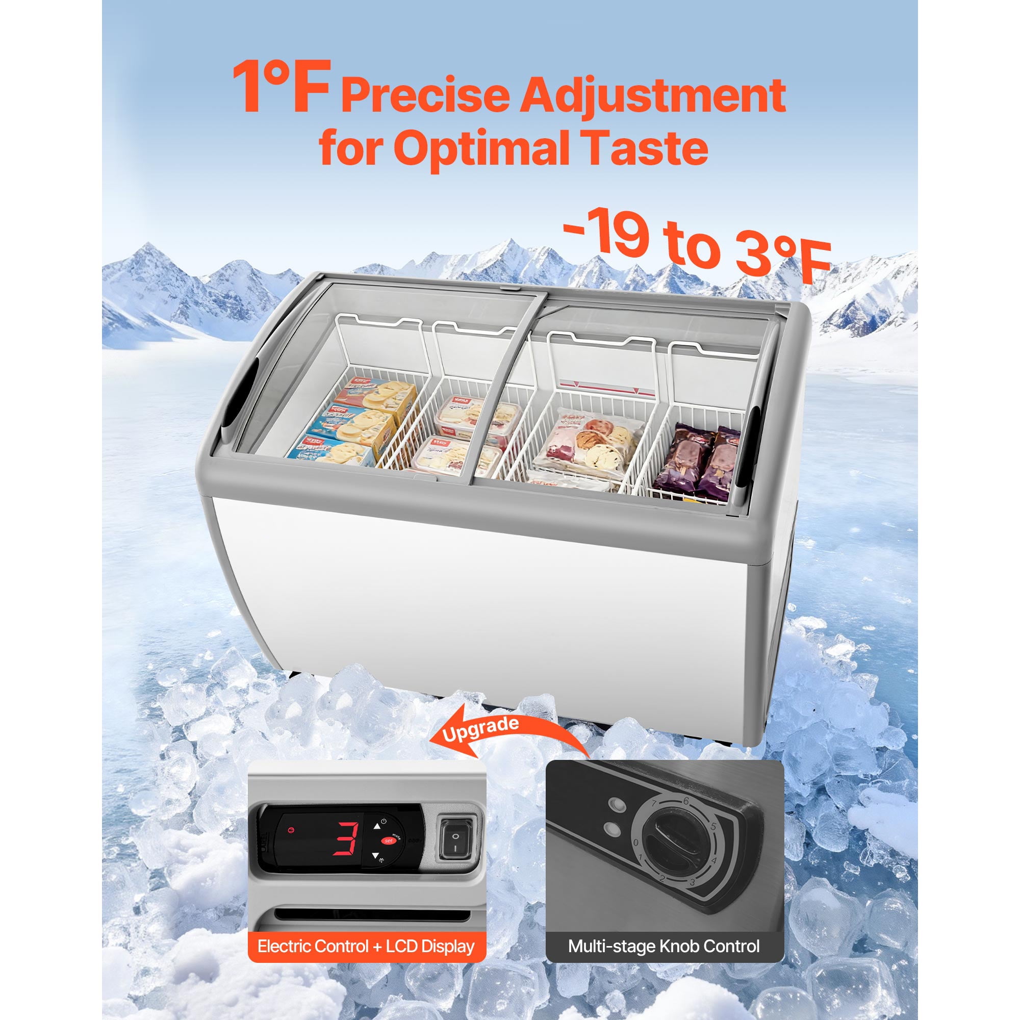 KFFKFF Commercial Ice Cream Display Case, 12.8 Cu.ft Chest Freezer, Adjustable Temperature Range from -19 to 3℉, Mobile Deep Freezer with 4 Wire Baskets, Sliding Glass Doors