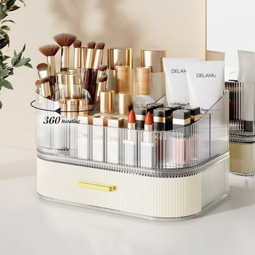 Acrylic  Rotating Make up Organizer, LAMU Make up Organizer for Counter,Capacity Cosmetic Display Case, Cream White