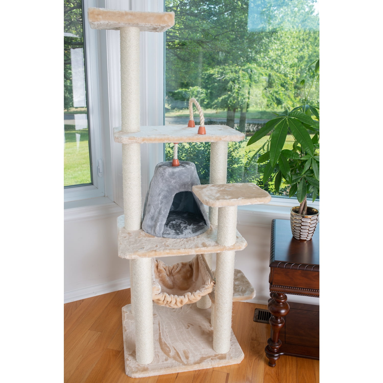 Cat Tree Tower with Hammock - Multi-Level Kitty Condo, Scratching Posts, Soft Faux Fur - 65" Tall