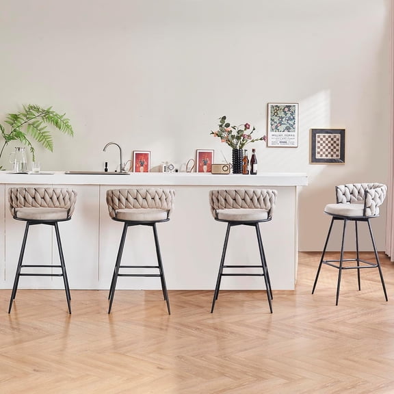 Bar Stools Set of 4, 24 inch Counter Height Bar Stools, Barstools Counter Stool for Kitchen Counter with Woven Back and Velvet Fabric, Metal Frame Island Chairs