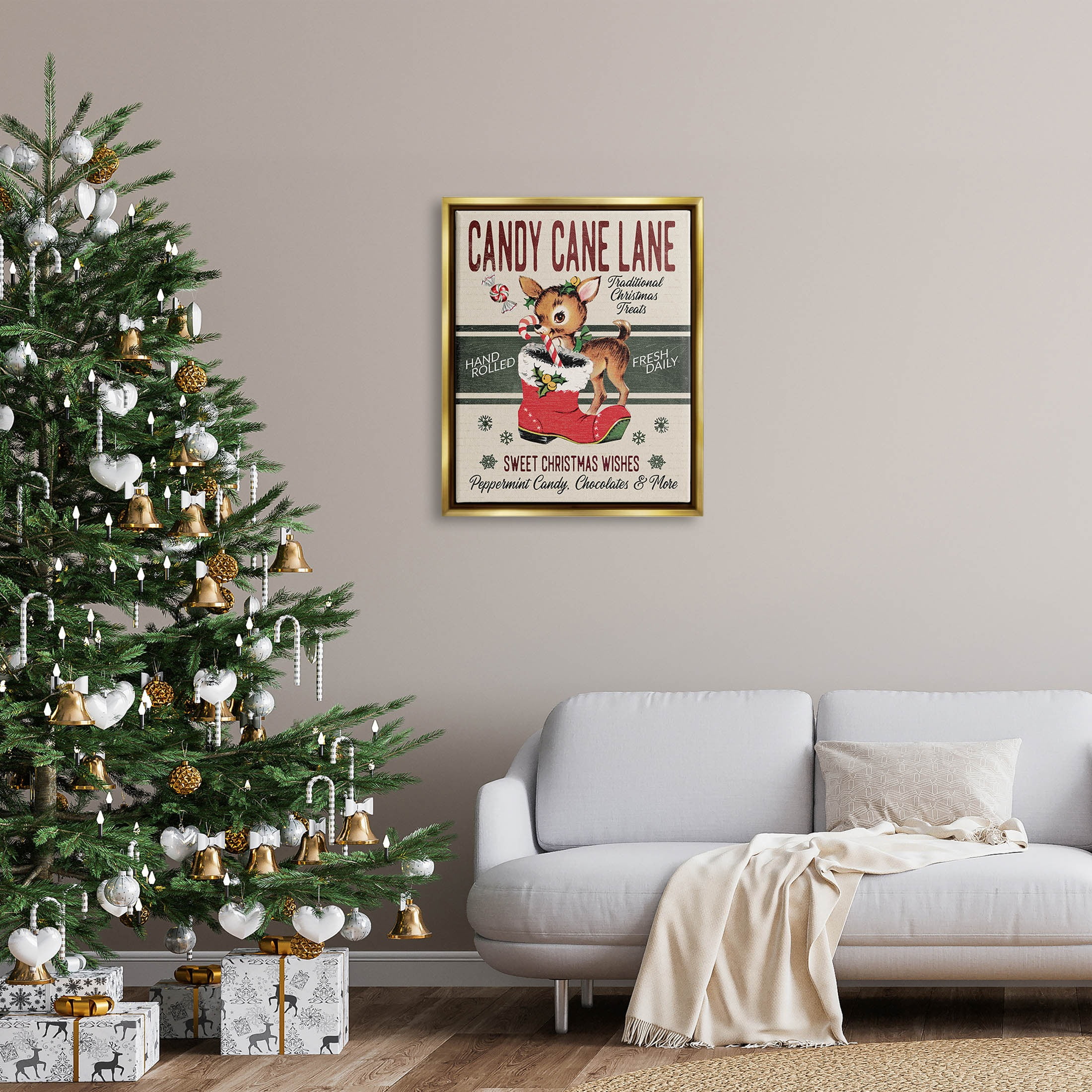 Candy Cane Lane Vintage Reindeer Boot Holiday Graphic Art Metallic Gold Framed Art Print Wall Art