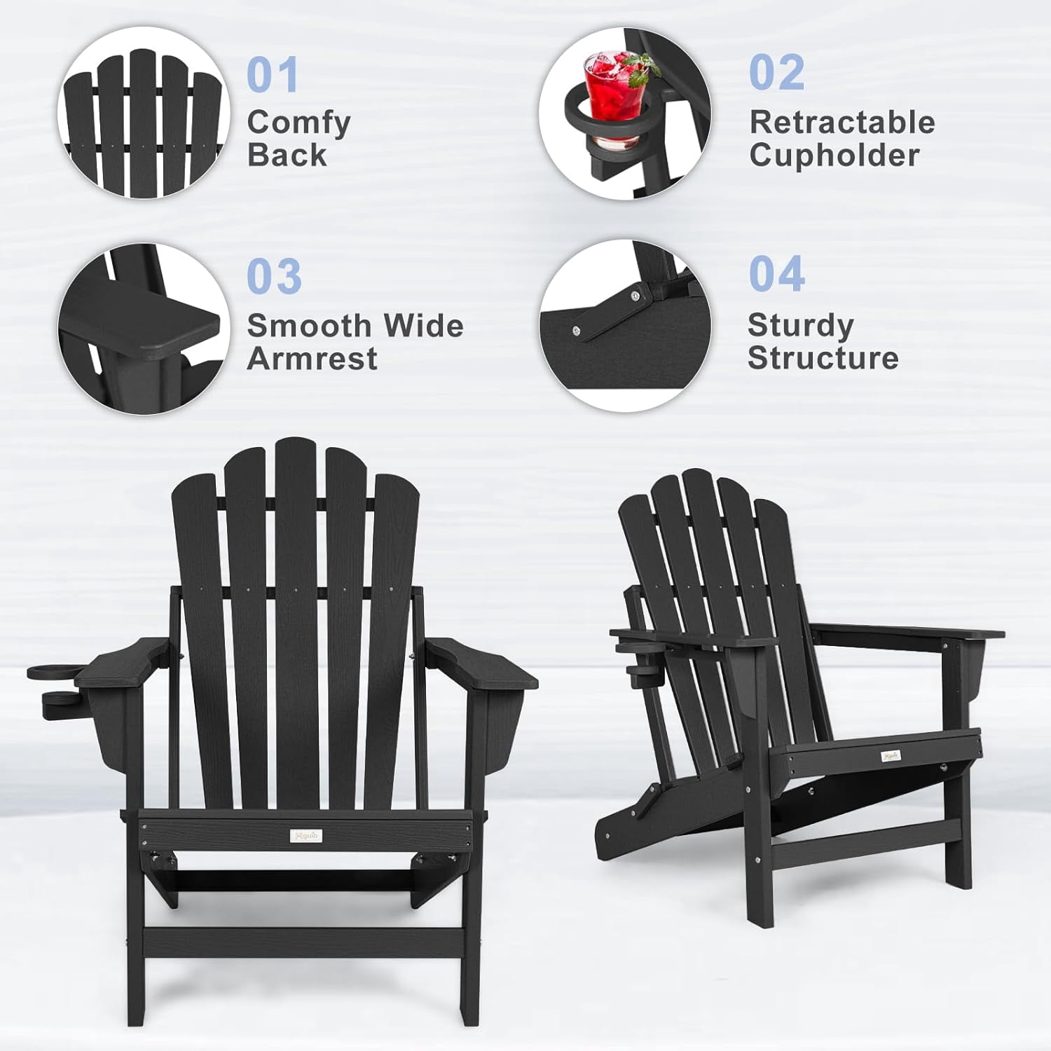 Folding Adirondack Chair, All Weather Wood Texture Fire Pit Chairs with Cupholder for Outside