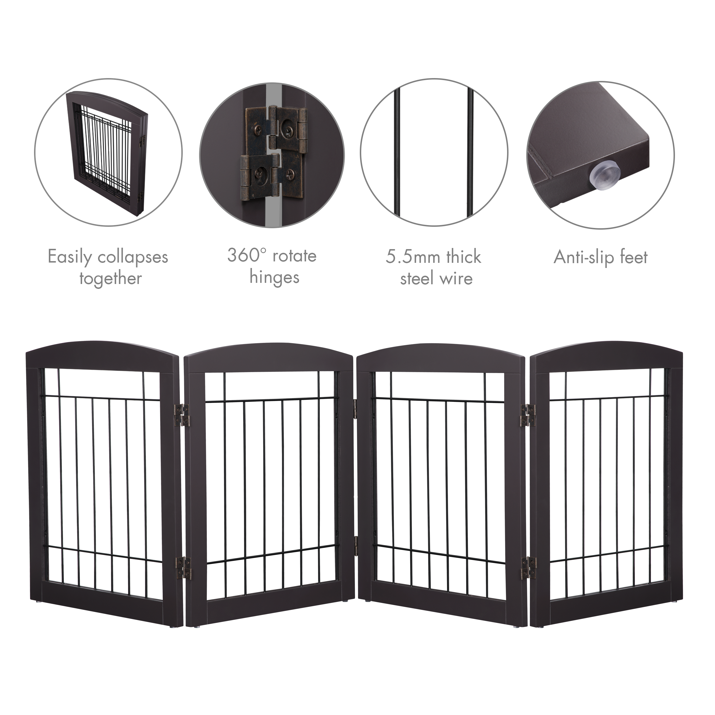 STAROUS Esspresso Foldable Pet Gate,Secure Indoor Barrier, Ideal for Doorways, Stairs, and Wide Openings - 80" Wide, 24" Height, 4 Panels