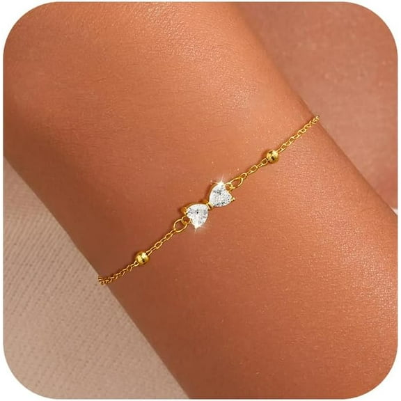 Cute Bow Bracelet for Women 925 Sterling Silver 14K Gold Plated Dainty Cubic Zirconia Bracelets Teacher Bracelet Adjustable Beaded Charm Bracelets Jewelry Christmas Gifts
