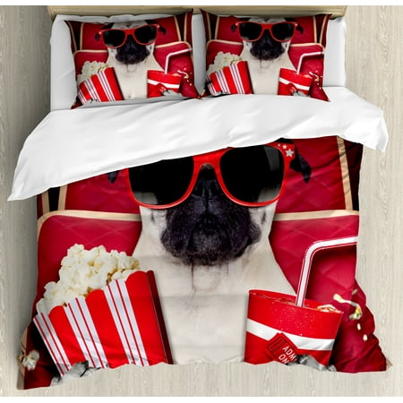 Photo Print Bedding Pug King Size Duvet Cover Set, Funny Dog Watching Movie Popcorn Soft Drink and Glasses Animal Photograph Print, Decorative 3 Piece Bedding Set with 2 Pillow Shams, Red Cream Ruby, by Ambesonne ()