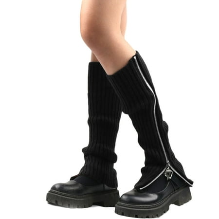 

Women Gothic Punk Ribbed Knitted Leg Warmers Harajuku Side Zipper Up Solid Color Boot Socks Student Knee High Foot Cover Streetwear