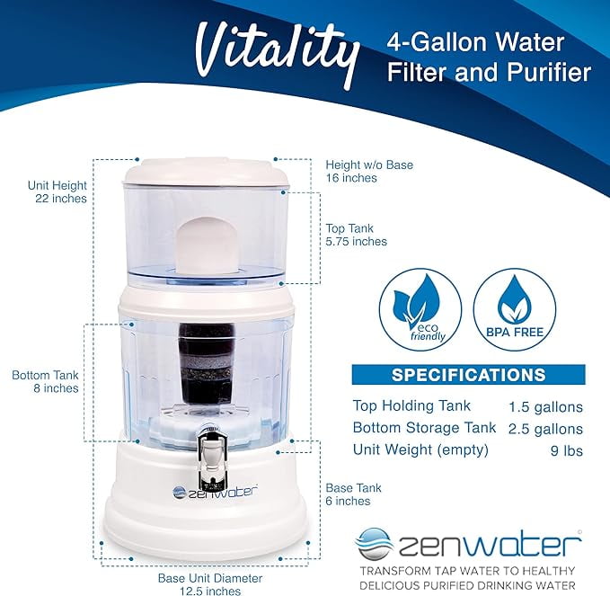 ZENWATER 8 Stage Gravity Water Filteration System - Portable Countertop Water Filter System - Alkaline Water Filter System - 4 Gallon