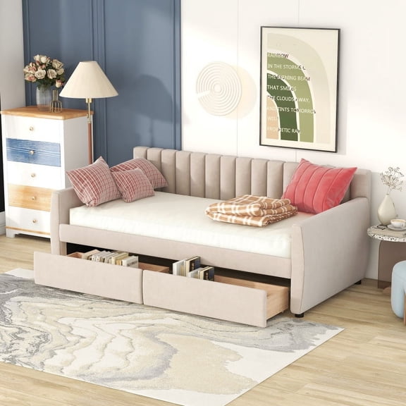 [Luckynote]Twin Size Upholstered daybed with Drawers, Wood Slat Support, Beige