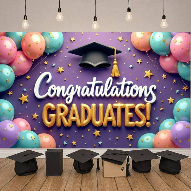 Colorful Balloons Graduation Banner Gold Stars Graduate Backdrop Purple Background Tassel Detail Grad Ceremony Background for Graduation Party College Graduation High School Ceremony