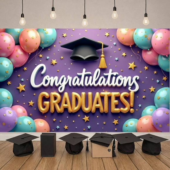 Colorful Balloons Graduation Banner Gold Stars Graduate Backdrop Purple Background Tassel Detail Grad Ceremony Background for Graduation Party College Graduation High School Ceremony