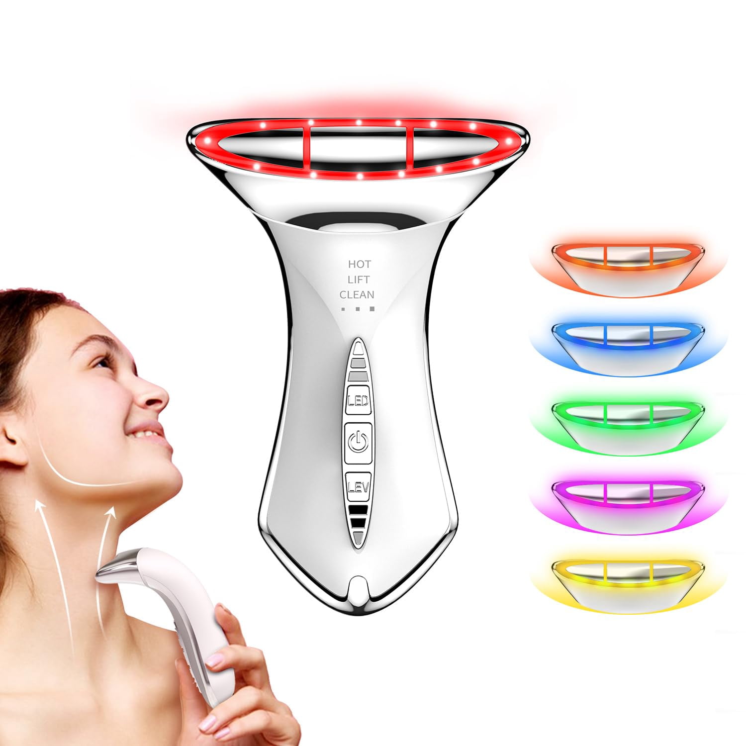 True Beauty Glow Facial Massager for Neck Care, Red Light for Face,Water Resistant 5-in-1 Led Facial Sculptor (White-Silver)