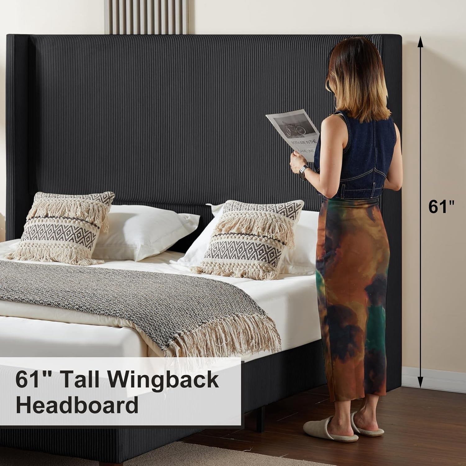 Amerlife King Size Bed Frame, 61" Corduroy Upholstered Platform Bed with Vertical Stripe Wingback Headboard, Solid Wood Slats, Noise-Free, Black