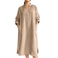 thumbnail image 3 of UKHCCC Plus Size Women's Linen Cotton Loose Fit V-Neck Midi Dress with Pockets Casual Summer Flowy A-Line Silhouette Solid Button Detail S-3XL, 3 of 9