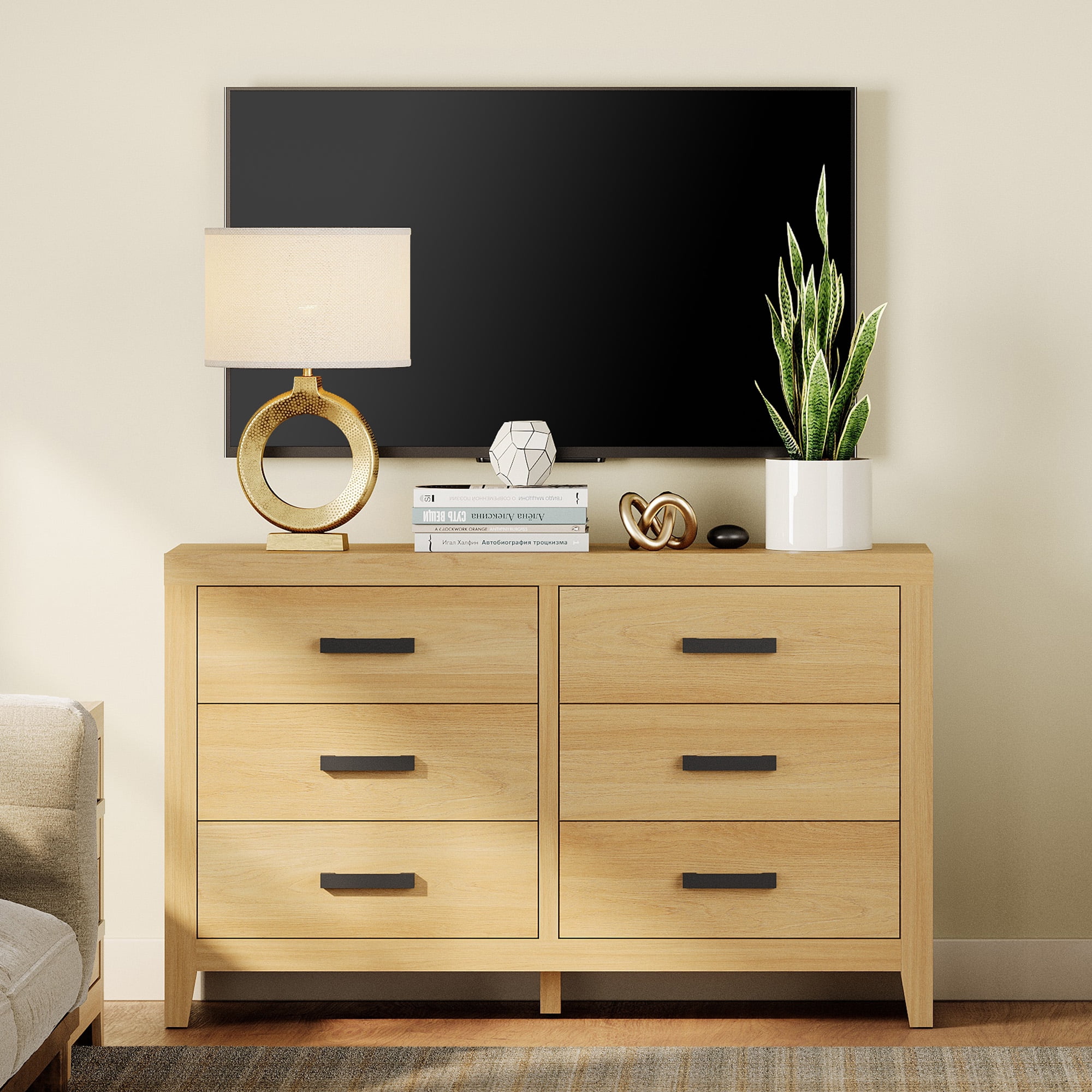 WAMPAT Farmhouse Dresser for Bedroom, 53 Inch Farmhouse Wood Storage Cabinet with 6 Drawers, Rustic Chest of Drawers for Living Room & Hallway