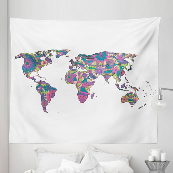 Floral Tapestry, Colorful World Map with Flowers Blossoms Floral Art, Fabric Wall Hanging Decor for Bedroom Living Room Dorm, 5 Sizes, Lime Green Fuchsia, by Ambesonne