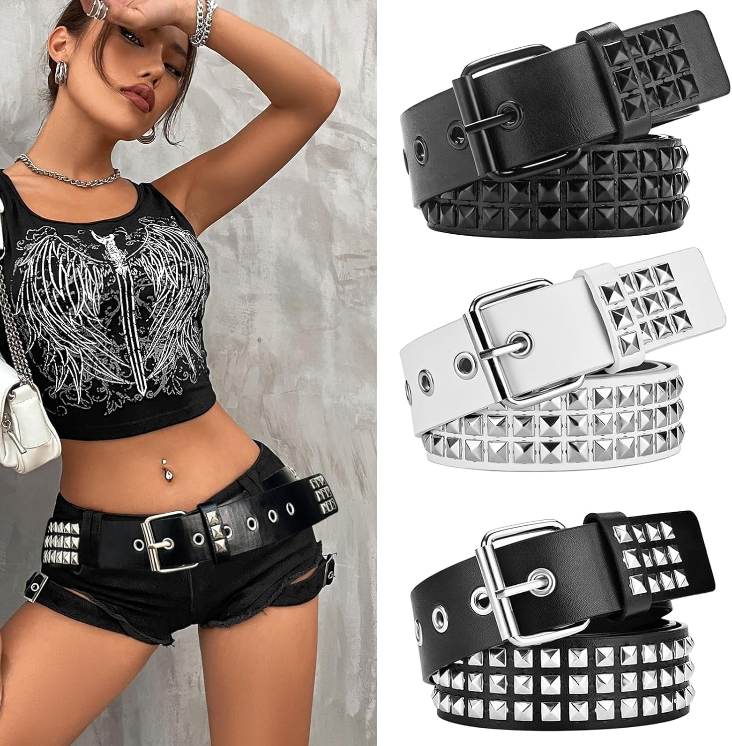 3 Pcs White Black Studded Belt Y2K Belt Gothic Punk Rock 