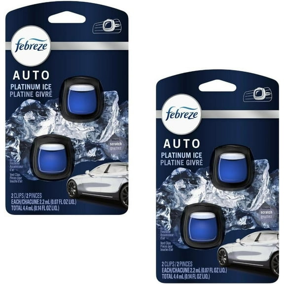 Febreze Auto Odor-Eliminating Air Freshener Vent Clips, Platinum Ice, 2 Count, 2 Packs