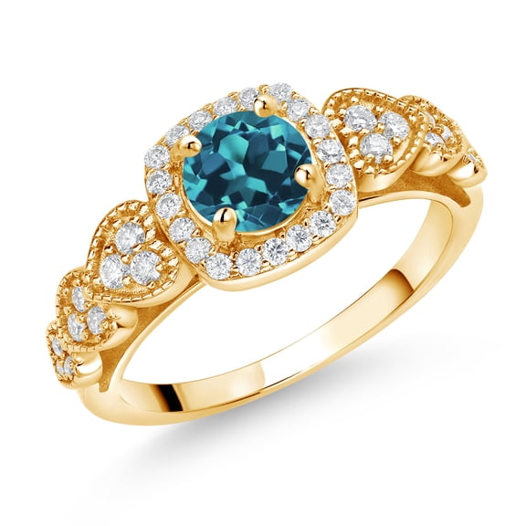 Gem Stone King 18K Yellow Gold Plated Silver London Blue Topaz and White Moissanite Engagement Ring for Women (1.48 Cttw, Round 6MM, Gemstone November Birthstone, Size 9)